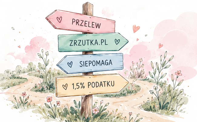 Akwarelowa ilustracja kilku pastelowych drogowskazów pośród kwiatów, krzewów i ścieżki — symbol różnych sposobów wsparcia Hani.